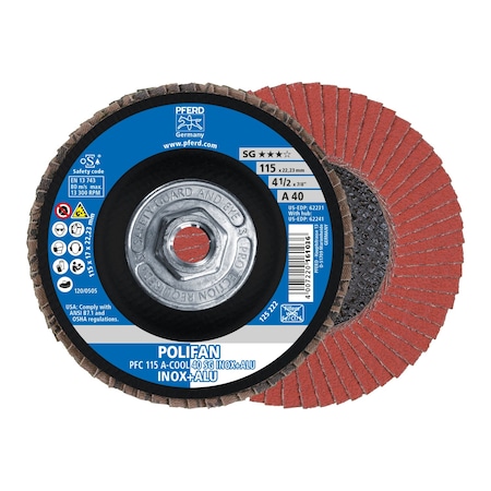 Pferd 4-1/2" x 5/8-11 Thd. POLIFAN Flap Disc - A-COOL SG INOX+ALU, Aluminum oxide, 40 Grit, Conical 62241